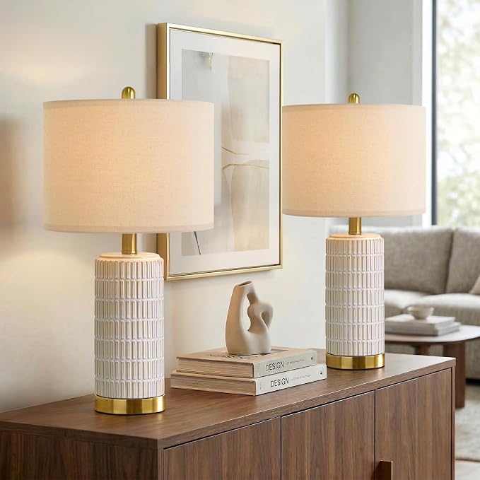 PoKat Ceramic Table Lamps Set of 2 for Bedroom Living Room, 21.5'' White | Bedside Lamps for Nightstands, Compact Size, Modern Design with Gold Base, Farmhouse Home Decor for Living Room End Table