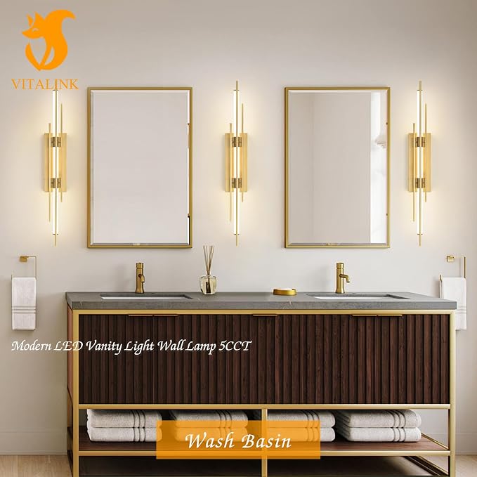 Gold LED Vanity Light 31IN Modern LED Bar Wall Light Over Vanity Mirror Hardwired Picture Light Dimmable Bathroom Wall Mount Lighting 5CCT(3000K/3800K/4500K/5200K/6000K)
