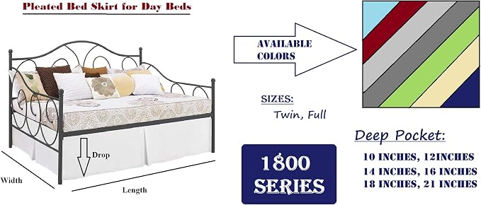 Pleated Bed Skirt with Split Corners for Daybeds - Three Side Coverage - Made with Brushed Microfiber, (Twin Size, White Solid)/18 Inch Drop