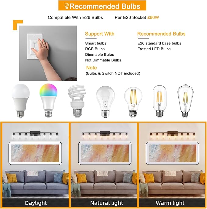 8 Light Bathroom Vanity Light Black Vanity Light Fixtures Bathroom Lights Fixtures Over Mirror Large Wall Lights with Clear Glass Shade for Bedroom Living Room Makeup