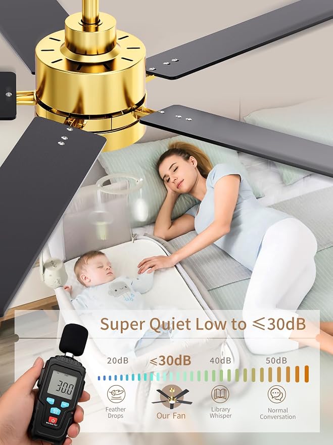 LANMEL Metal Ceiling Fan with Lights and Remote, 52 Inch, Gold & Black | Modern Low Profile Flush Mount, Reversible, 3CCT Dimmable, Quiet, LED, For Bedroom, Living Room, Indoor/Outdoor Patio Use