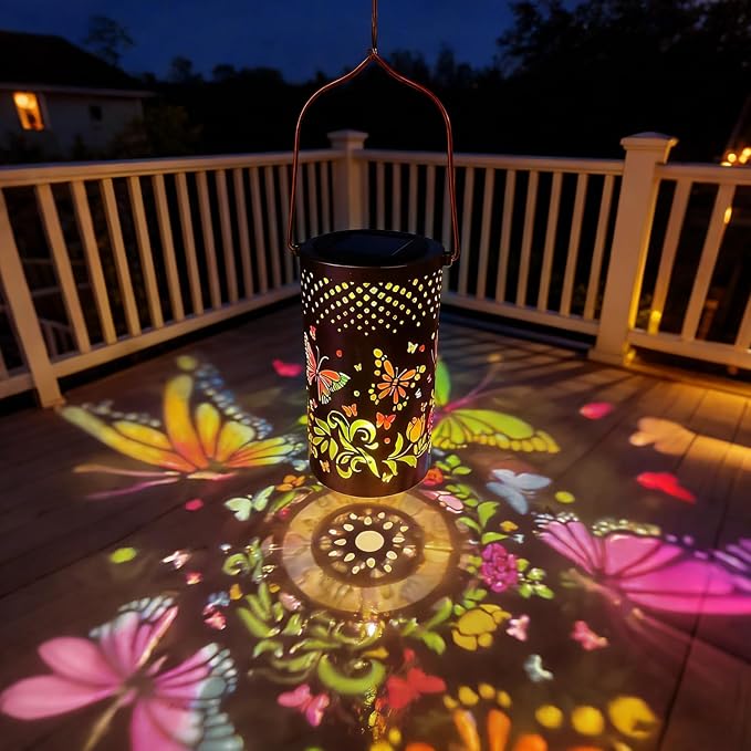 Colorful Solar Lanterns Outdoor Waterproof, Garden Decor LED Butterfly Solar Lights Gifts for Women Mom Sister Grandma, Metal Hanging Lantern for Outside Table Tree Garden Patio Yard Lawn Porch Decor