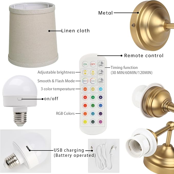 Battery Operated Sconces Wall Lighting Set of 2 with Fabric Shade | Linen Cloth Wall Sconces RGB Color Changing USB Rechargeable Wall Mounted Lamp for Living Room Bedside Nightstand Light