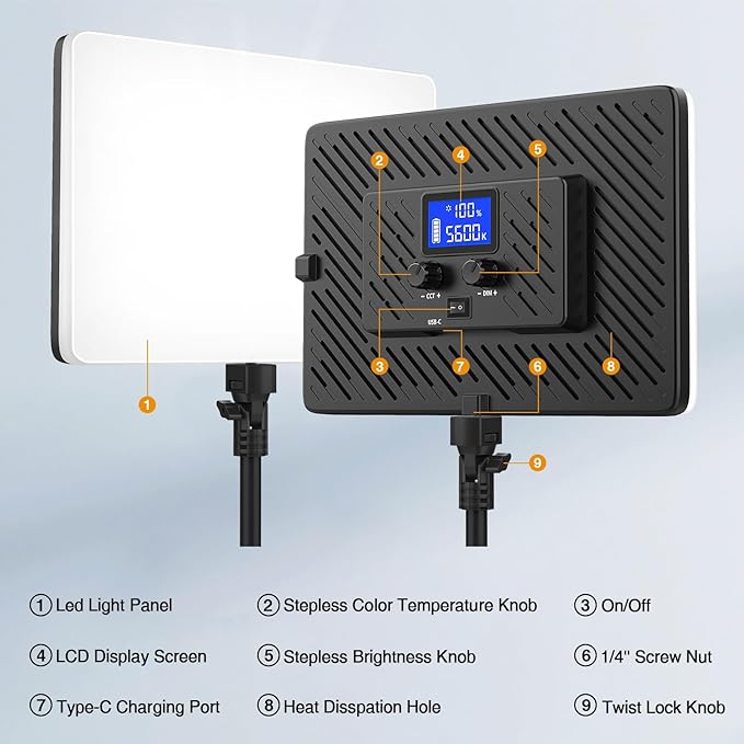 2 Pack Led Video Light Kit with Stand, Kmasic Photography Light Panel Built-in 8000mAh & LCD Display, 2200Lux 2500K-8500K Soft Studio Light for Video Recording Game Live Streaming YouTube TikTok