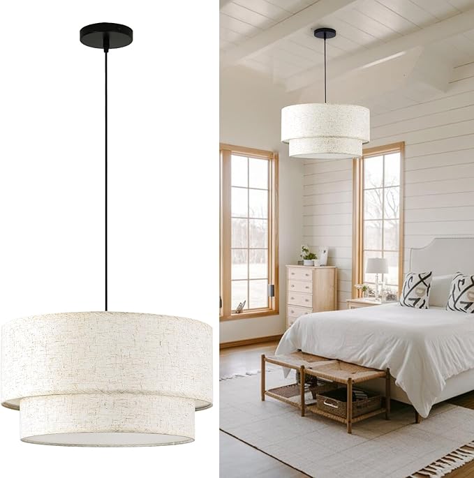 Drum Pendant Light, 18” Drum Light Fixture with Linen Shade | 3-Light Linen Chandeliers for Dining Room, Bedroom, Dual Layer Fabric Shade, Adjustable Height