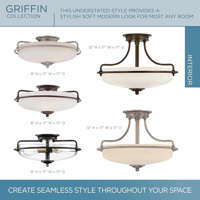 Quoizel Griffin 17" Semi-Flush Mount Ceiling Light, Palladian Bronze | 3-Light, Opal Etched Glass, ETL Damp Rated, Transitional Style