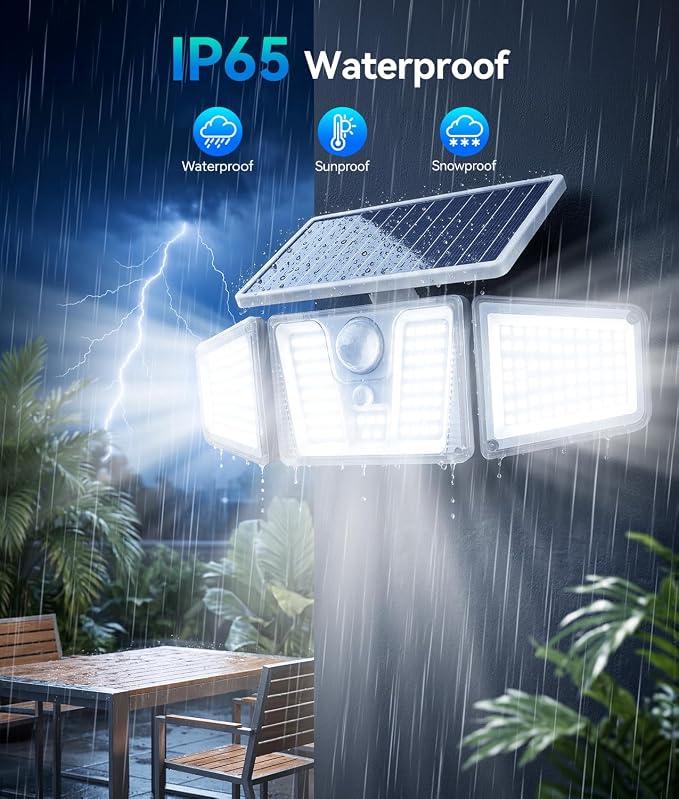 KOOPER Solar Flood Lights, 210 LED Motion Sensor Outdoor Lights, Solar Motion Lights Outdoor Waterproof, 3 Heads 300° Wide Angle Outdoor Security Lights for Yard Patio Garage Entryways, 4 Pack, White