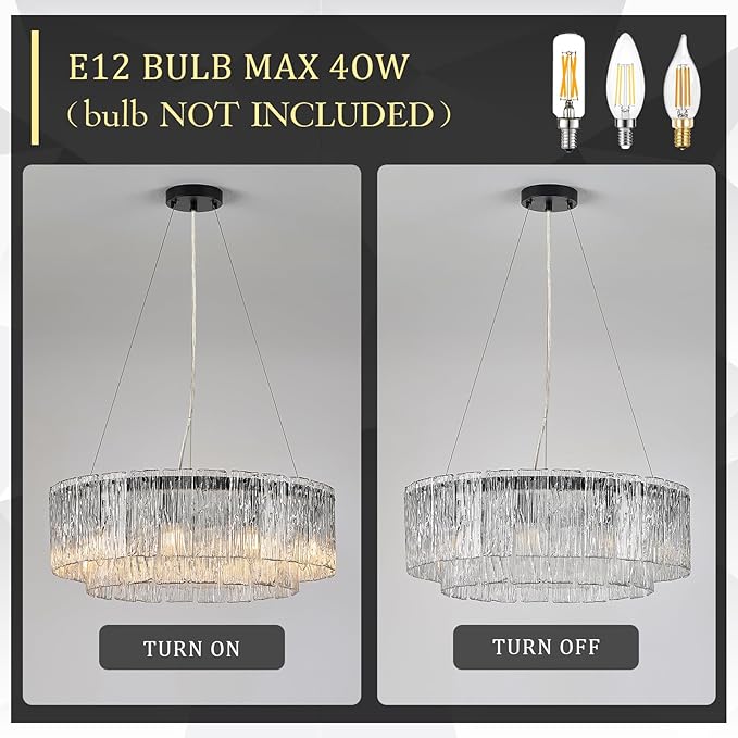 Modern Crystal Glass Round Chandelier 24”Black Chandeliers 10-Light Drum Pendant Ceiling Light Fixtures Luxury 2 Tiers Hanging Lighting for Dining Room Foyer Living Room Bedroom