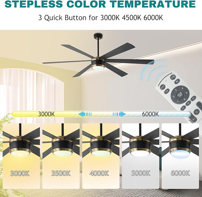 SHOWDI Ceiling Fan with Lights and Remote, 6 Blade App Control Timer Reversible Stepless Brightness and Color Temperature Outdoor Wood Ceiling Fan with Lights (Black-Gold, 72 Inch)