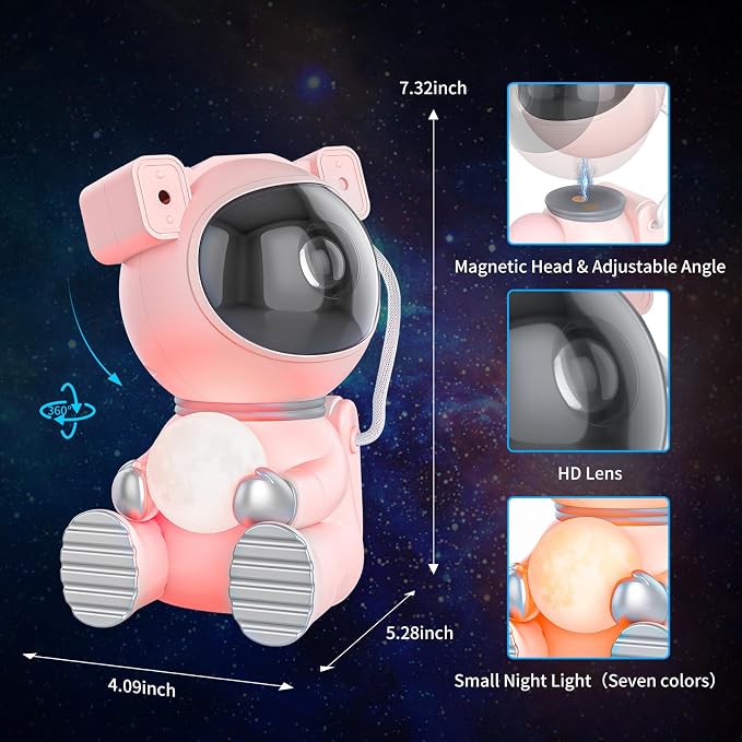 Cayclay Astronaut Galaxy Projector, Remote & Timer Night Light, Pink | 360° Magnetic Adjustable Head, Auto-Off Timer, Remote Controllable LED Lamp, Dimmable Multi-Color Night Light For Home Decor