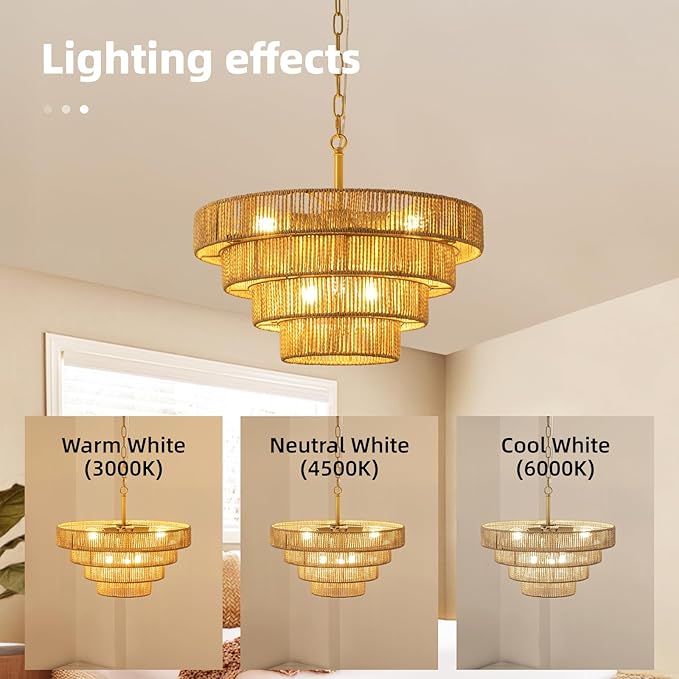 6 Lights Boho Rattan Pendant Light 19.7” Large Farmhouse Chandelier with 3-Tier Wicker Shade Bohemian Gold Ceiling Hanging Light for Dining Room Living Room Kitchen