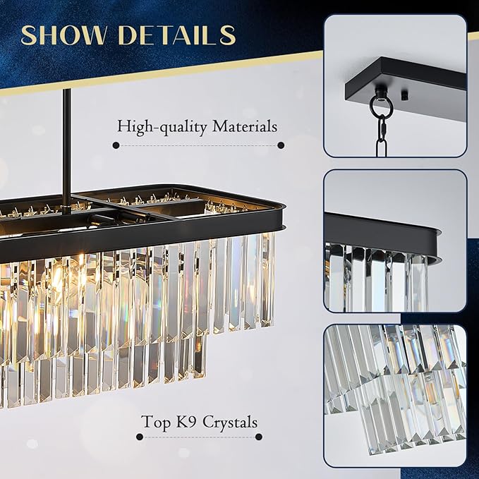 Modern Rectangular Crystal Chandeliers for Dining Room 11 Lights L33.5” Black Rectangle Chandelier Luxury K9 Crystal Ceiling Pendant Light Fixture for Kitchen Island Bar