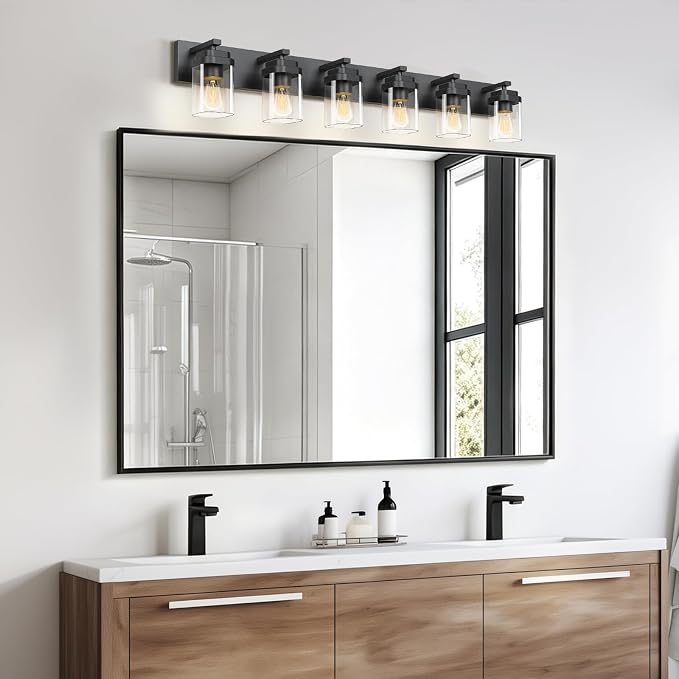 Black Bathroom Light Fixtures, 6 Lights Bathroom Lighting Fixtures Over Mirror, Square Design & Rectangle Large Backplate, Modern Vanity Lighting Fixtures, for Bathroom/Living Room/Bedroom
