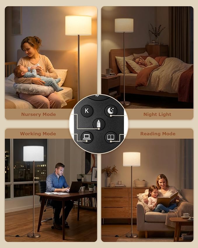 Dimmable Floor Lamp for Living Room with Remote, 9W 900LM LED Bulb Included, Deep Beige Shade Brown Pole