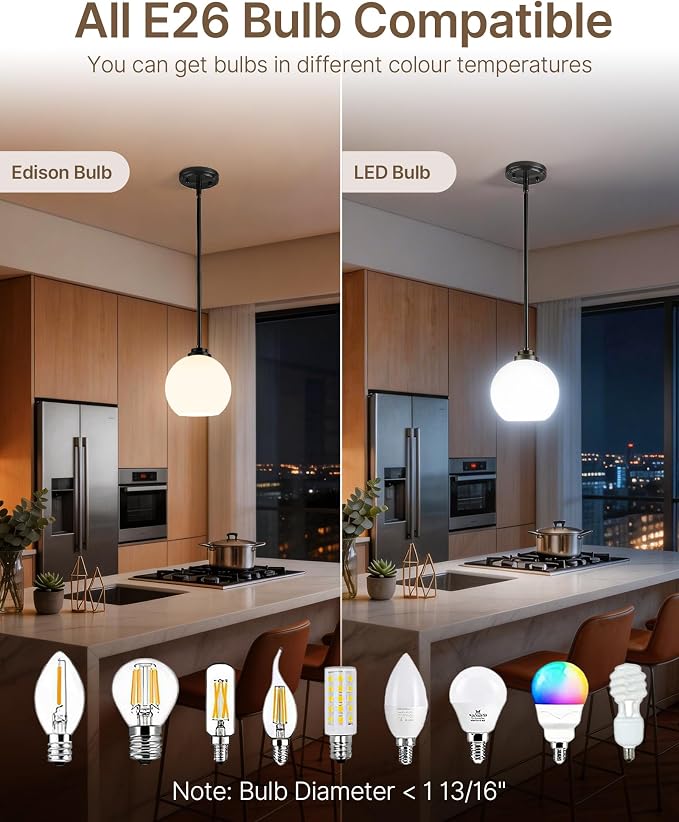 Majade 7.4" Globe Pendant Lights Mid Century Modern Kitchen Island Pendant Light Fixtures 2 Pack Black Brass Pendant Lighting with Milk Glass Adjustable Hanging Light Fixtures for Dining Room