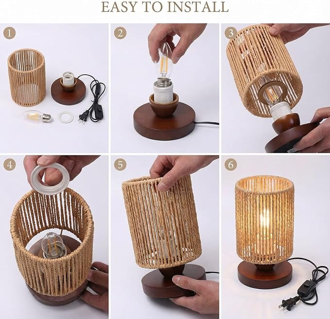 Small Rattan Table Lamp for Bedroom, Boho Bedside Lamp with Warm LED Bulb, Handwoven Wicker Nightstand Lamp for Nursery, Entryway & Dorm, Mini Ambient Night Light with Wood Base (8.6" Tall)
