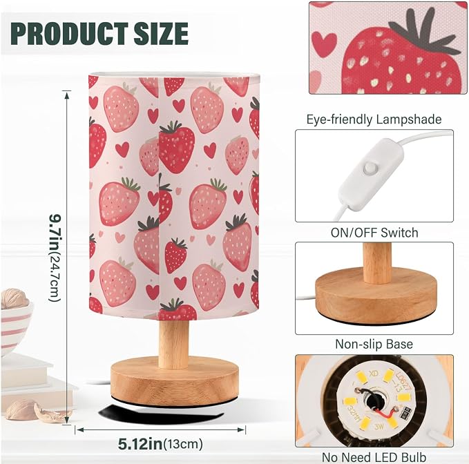 Watercolor Hand Draw Strawberries and Hearts Doodle Bedside Table Lamps with USB Port for Bedroom Lamp Table Lamp Small Nightstand Lamp Linen Shade Decorative Lamps for Home Room Kids Reading Nursery