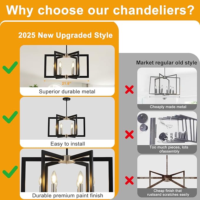 21.6" Dining Room Light Fixture, 6-Light Black+Brushed Nickel Farmhouse Chandeliers for Dining Room, Industrial Hanging Pendant Lights Fixture for Kitchen Island, Bedroom, Entryway, Foyer, Entryway