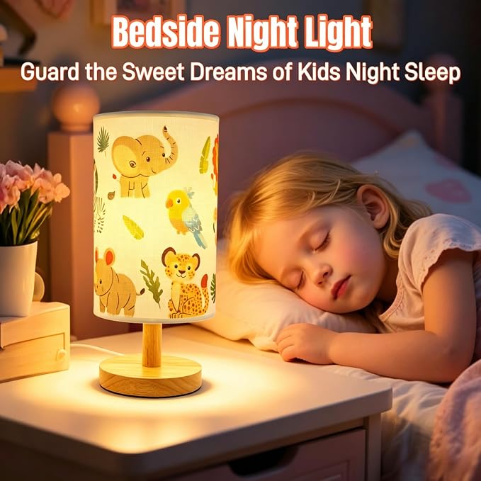 Kids Table Lamp-Night Light for Boys Room,3-Color LED Desk Lamp with Baby Elephant Zebra Giraffe Tiger Pattern Bedside Lamp Safari Animal Lampshade and Wood Base for Living Nursery Child Room Study