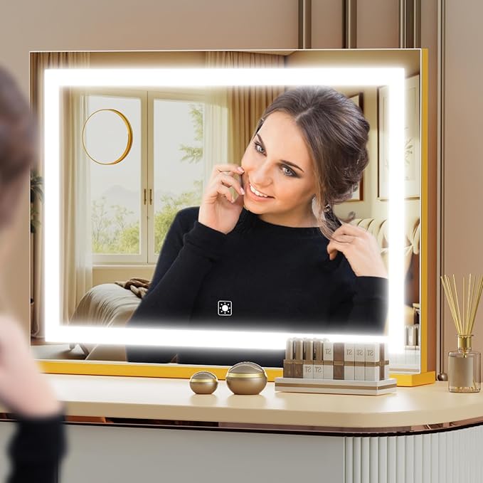 Gvnkvn Makeup Vanity Mirror with USB Charging Port 24" x 19" Large LED Makeup Mirror, Desk Mirorr with Lights, Light up Mirror with 10X Magnification and, Dimmable 3 Modes, Touch Control Gold