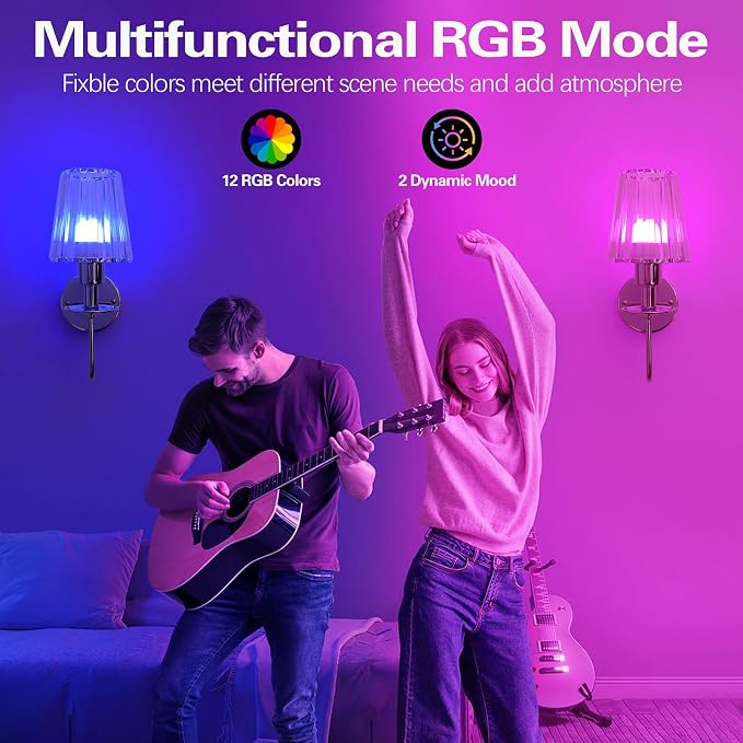 Battery Operated Wall Sconces Set of 2, Sliver Crystal Wall Lights | 5200mAh rechargeable wall lights with magnetic bulbs, remote control, 15 colors, 10-level dimming and timer for bedrooms