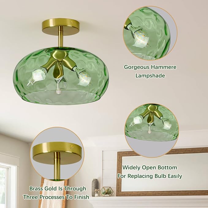 Vintage Semi Flush Mount Ceiling Light ,12″ Art Deco Green Hammered Glass | Gold,Mid Century,Whimsical,MCM,Unique Cute Retro Light Fixtures for Girls Bedroom,Entryway Laundry Room Kitchen Closet Foyer