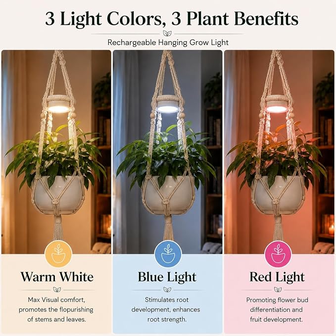 Hanging Rechargeable Plant Grow Lights for Indoor with Timer, Wireless Battery Powered Full Spectrum Pendant Growing Light with Macrame Plant Hanger, Wall/Ceiling Mounted Planta Luz for Home Decor