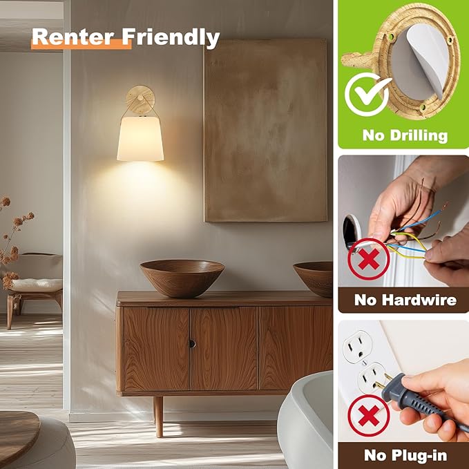 TACAHE Rechargeable Wall Sconce - Plastic Frosted Lampshade - 3 Color Temp & 5 Brightness - Remote Control - 5000 mAh Battery Operated - Cordless Wall Lamp for Camper, RV - Set of 2 (Wood Color)
