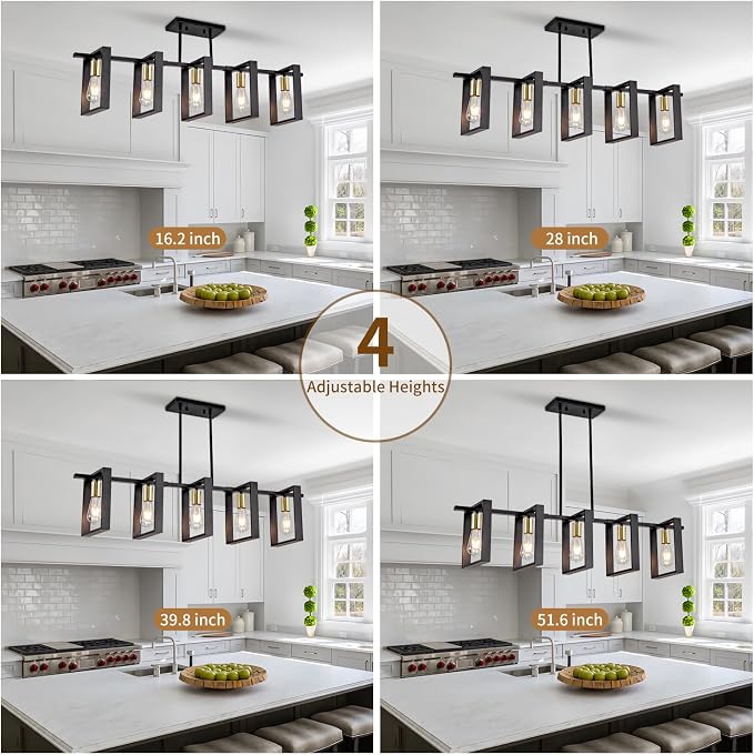 Farmhouse Kitchen Island Lighting Black Dining Room Lights Ceiling Hanging Rustic 5 Lights Wood Chandelier Light fixtures 41.3" Height Adjustable