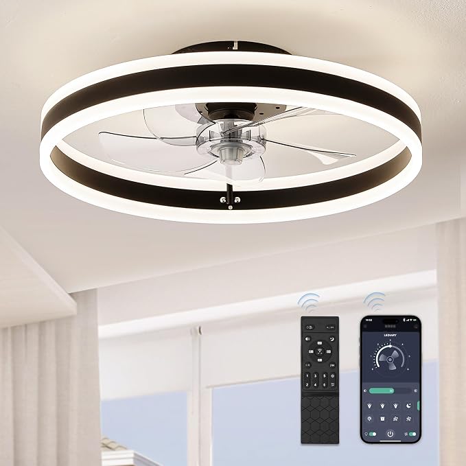 LEDIARY 19.7'' Modern Low Profile Ceiling Fans with Lights and Remote,Black | 3000-6000K Dimmable LED, 6 Wind Speeds, Quiet Reversible DC Motor, Small Flush Mount Fandelier for Bedroom, Living Room
