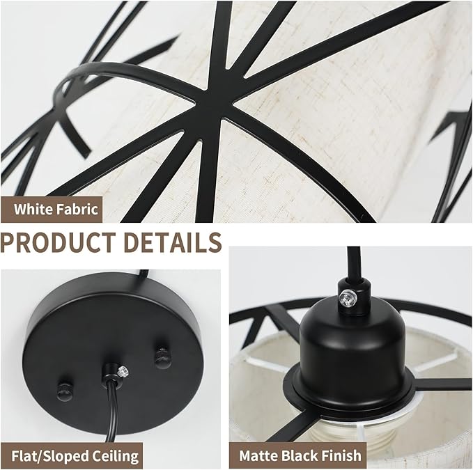 7"×10" Matte Black Pendant Light, Adjustable Height Island Lights for Kitchen with Linen Shade, Modern Kitchen Pendant Lighting Over Island, Dining Room, and Living Room