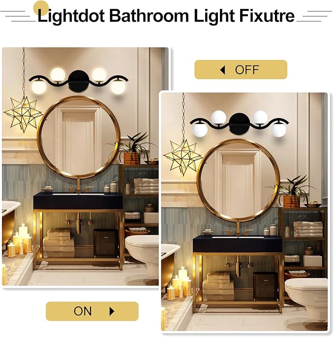 Lightdot 4-Light Bathroom Light Fixtures, 27" Modern Black Vanity Light with White Globe Water/Shatterproof Shades/S-Frame, Rust-Proof Bathroom Wall Lamp for Mirror Living Room Kitchen Cabinet Hallway