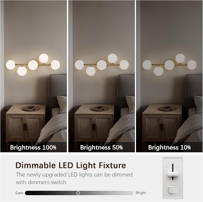 27" Mid Century Modern Globe Brushed Gold LED Bathroom Vanity Light | Mid Century Modern Design, Brushed Gold Finish, Soft Milk White Glass Globes, Integrated Energy-Efficient LED, Over Mirror