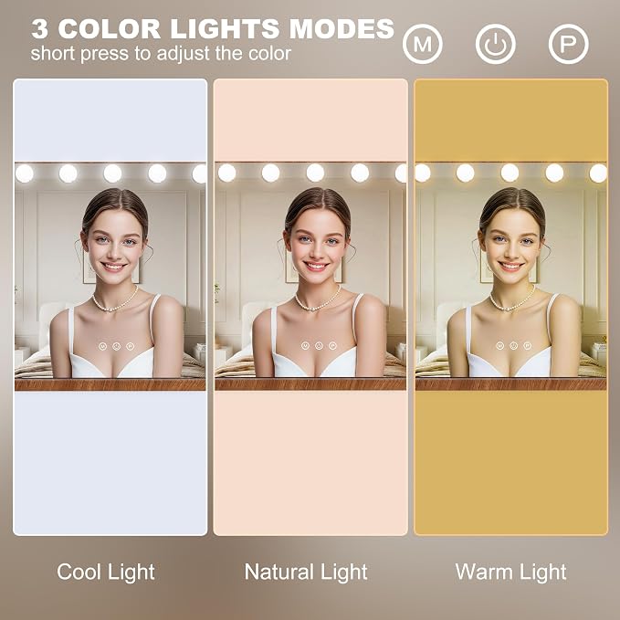 Ratsamee Wood Grain Hollywood Vanity Mirror with Lights, 15 Dimmable Bulbs, 3 Color Lights,Make Up Lighted Mirror, Aluminum Metal Frame, USB Charging Port（23" x 18"）