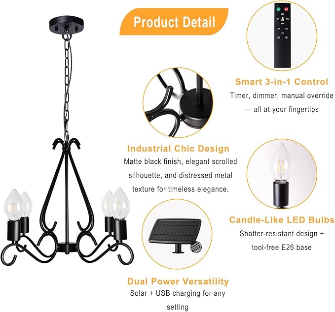 Solar Chandelier Outdoor, 4-Lights 23" Rustic Farmhouse Industrial Iron Chandeliers Waterproof Dimmable Hanging Pendant Lights for Gazebo, Pergola, Canopy, Tent Decor