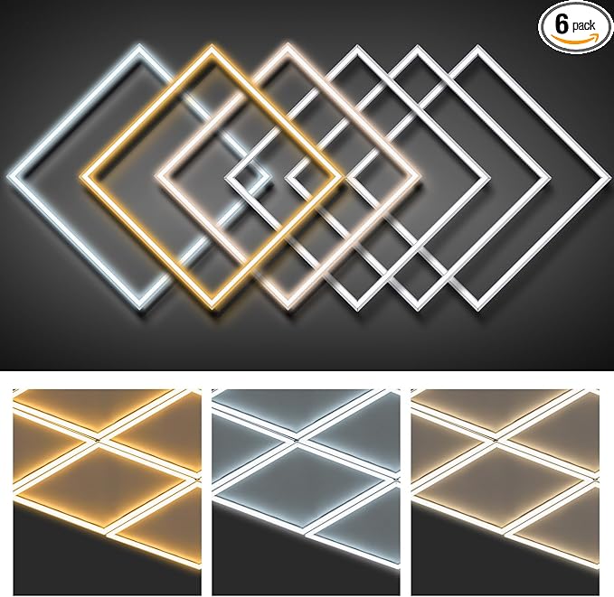 VIHOSE 6 Pcs 2x2 ft Edge-lit Frame LED Flat Panel Lights Grid Drop Ceiling Lights with 3000K/4000K/6500K Selectable 110-265v for Offices Shops Bathrooms with Integrated Ceilings