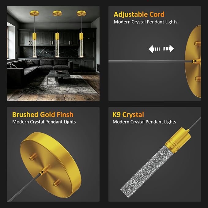 Gold Pendant Lights Kitchen Island, Crystal Bubble Pendant Lights, Adjustable Modern Pendant Light Fixtures for Dining Living Room Bedroom 3 Pack