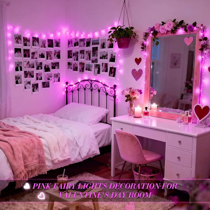 JMEXSUSS 2 Pack Fairy Lights Battery Operated, Pink Lights for Bedroom Dorm | Total 66ft 200 LED, with Remote & Timer, 8 Modes, Twinkle String Lights for Christmas Tree Anniversary Valentine's Day Decor