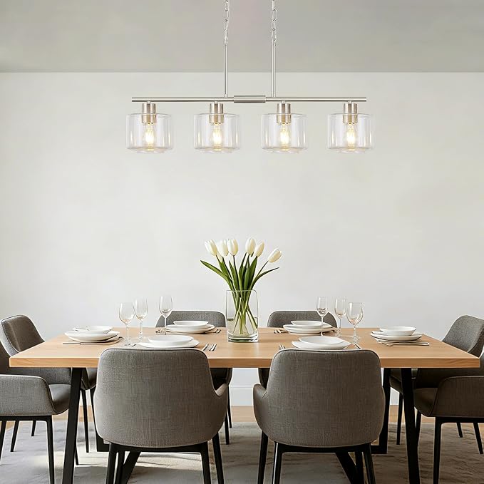 4-Light Brushed Nickel Kitchen Island Lighting, Modern Linear Dining Room Chandelier Light Fixtures with Clear Glass and Chain, Mid Century Hanging Lights for Kitchen Island, OS-YQ8153-4ISBNC