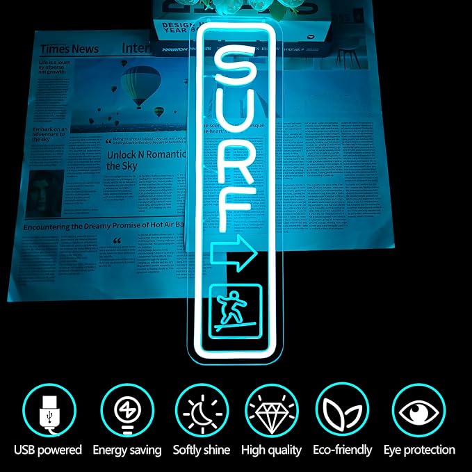 Surf Neon Sign for Wall Decor Surfing Led Sign Dimmable Beach Neon Light Signs Coastal Light Up Sign for Surf Decor Themed Room Decor Party Shop Business Surfing Beach