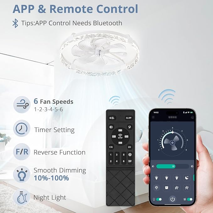 LEDIARY 24" Ceiling Fans with Lights and Remote, Fandelier White | 3CCT, 6 Speeds, Dimmable Low Profile, Flush Mount Ceiling Fan, Timer, Reversible, Memory, Bedroom, Living Room, Kitchen