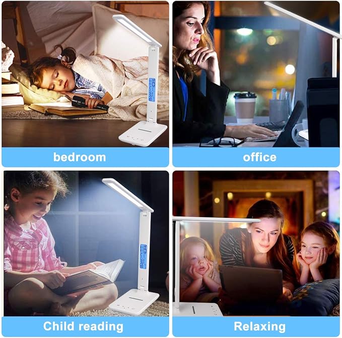 LED Desk Lamp with Wireless Charger, Suitable for Home, Office Dimmable, with USB Charging Port, Built-in Clock, Calendar, Thermometer and Automatic Timing Reading Desk Lamp.