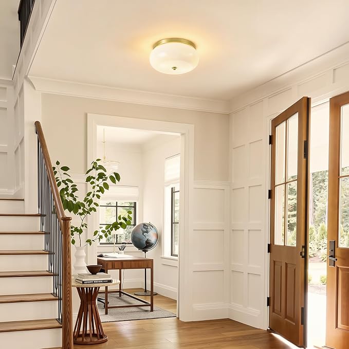 2-Light Brushed Gold Ceiling Light, 11.02 in Milky White Glass Shade | Mid-Century Modern Flush Mount Ceiling Light, E26 Ceramic Socket, Hallway, Kitchen, Bedroom, Bulb Not Included