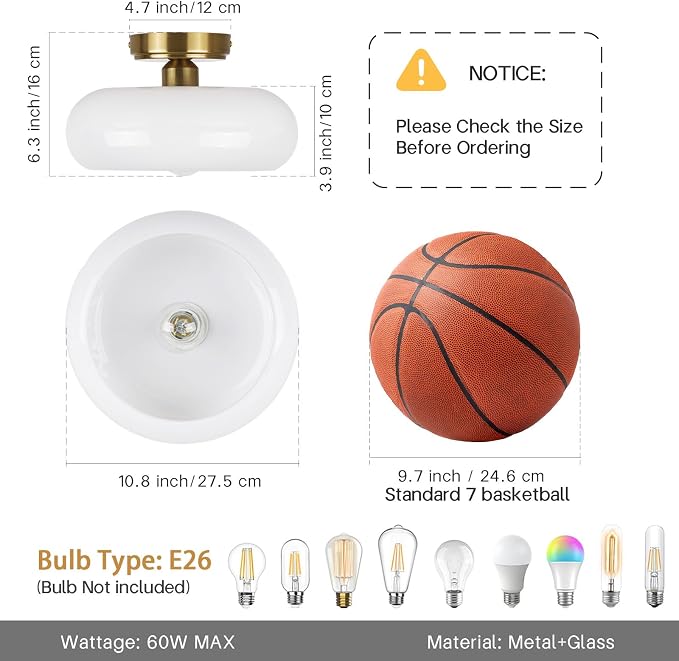 Semi Flush Mount Ceiling Light Fixture, 11'' Vintage Mid-Century Gold with White Milk Glass Shade, Modern Farmhouse Lighting for Kitchen, Hallway, Bedroom, Foyer, Laundry Room, Schoolhouse