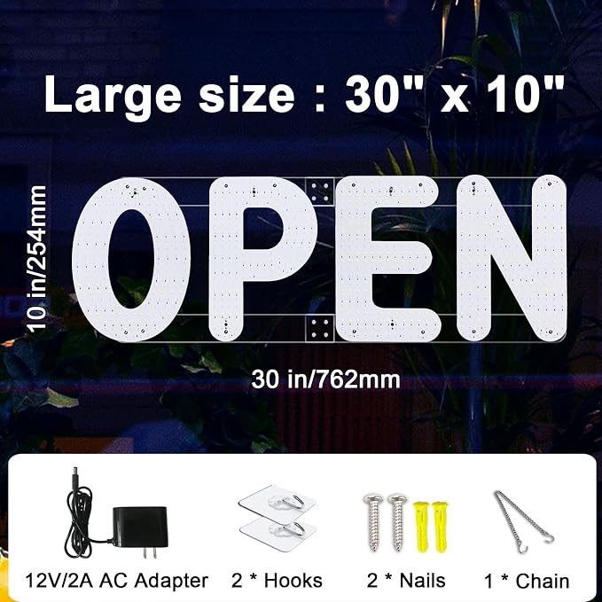 30"x10" Open Sign, LED Open Sign for Business, Ultra Bright Dimmable with 3 Scene Modes, Large Illuminated Business Sign for Storefront Window, Cafe, Bar, Restaurant, Salon (US Flag Design)