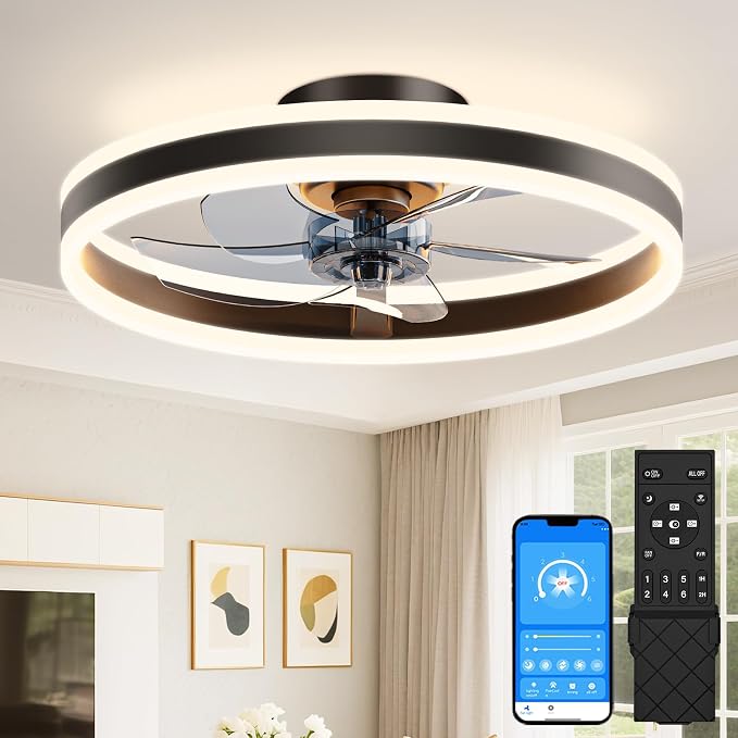 VOLISUN Low Profile Ceiling Fans with Lights and Remote, 20in Flush Mount Ceiling Fans with Light, 3000K-6500K Dimmable Fandelier LED Fan Light, Black Bladeless Ceiling Fans with Lights for Bedroom