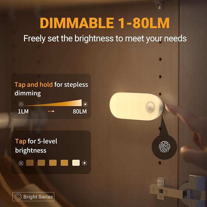 Rechargeable Night Light with Motion Sensor, 1500mAh Battery Operated Nightlights, Stick-on LED Closet Light, 1-80LM Dimmable Brightness for Bathroom, Kitchen, Stairs, Hallway, 3 Packs