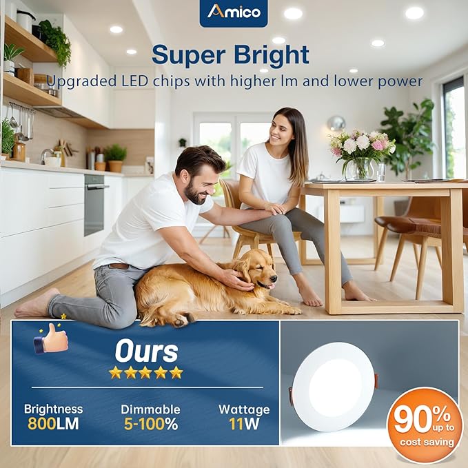 Amico 16 Pack 4 Inch 5CCT Ultra-Thin LED Recessed Ceiling Light with Junction Box, 2700K/3000K/3500K/4000K/5000K Selectable, 11W Eqv 70W, Dimmable Can Light, 800LM High Brightness Downlight - ETL