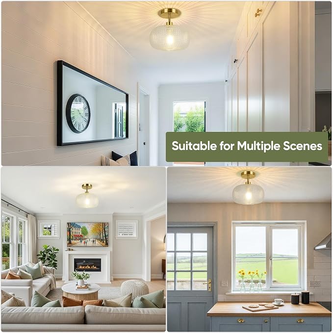 ROTTOGOON Modern Semi Flush Mount Ceiling Light for Flat and Sloped Ceiling | Adjustable Gold Hallway Light Fixtures with Clear Glass Shade for Kitchen Bathroom Entryway Bedroom (Bulb Not Included)