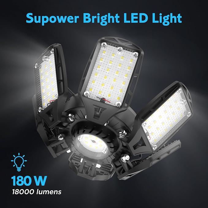 LED Garage Lights 2 Pack, 18000LM 180W Deformable Shop Light with 6+1 Adjustable Panels, 6500K Daylight White Ceiling Light for E26 Base, Ideal for Garage/Basement/Barn